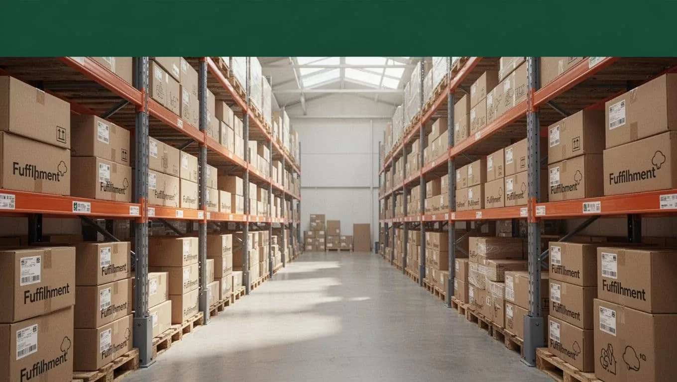 Retail shelves and fulfillment boxes with a dark-green band and Stock Control headline.