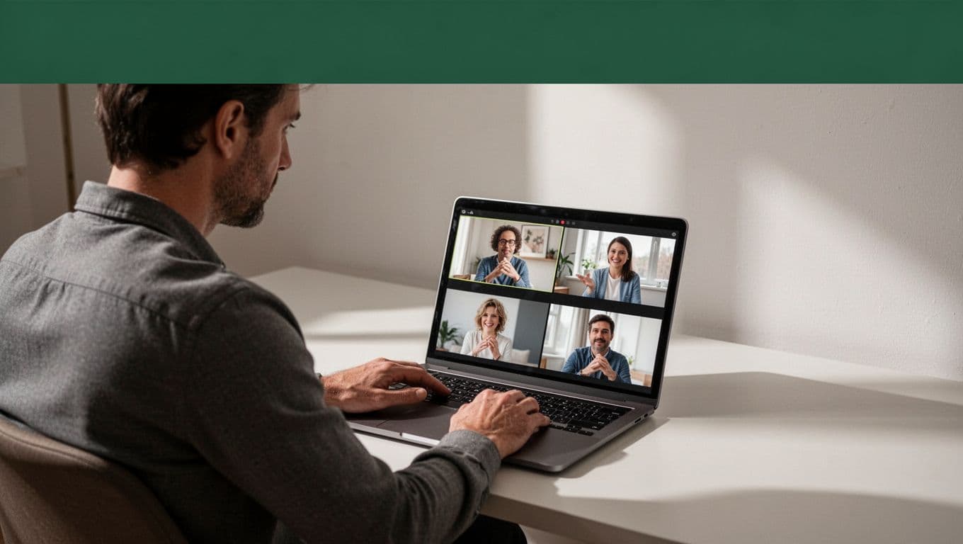A focused professional sits at a clean wooden desk, carefully reviewing a collection of short video clips on a bright laptop screen under soft, atmospheric indoor ambient office lighting.