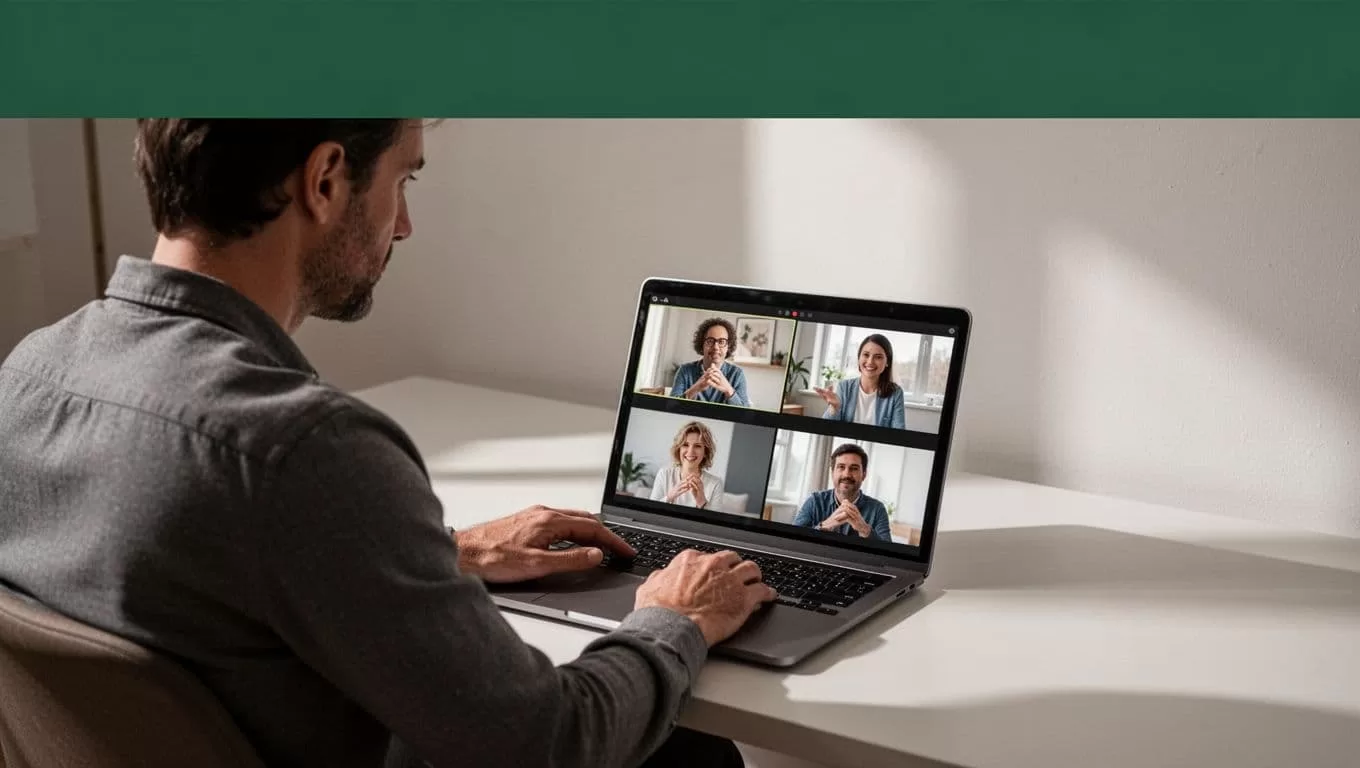 A focused professional sits at a clean wooden desk, carefully reviewing a collection of short video clips on a bright laptop screen under soft, atmospheric indoor ambient office lighting.