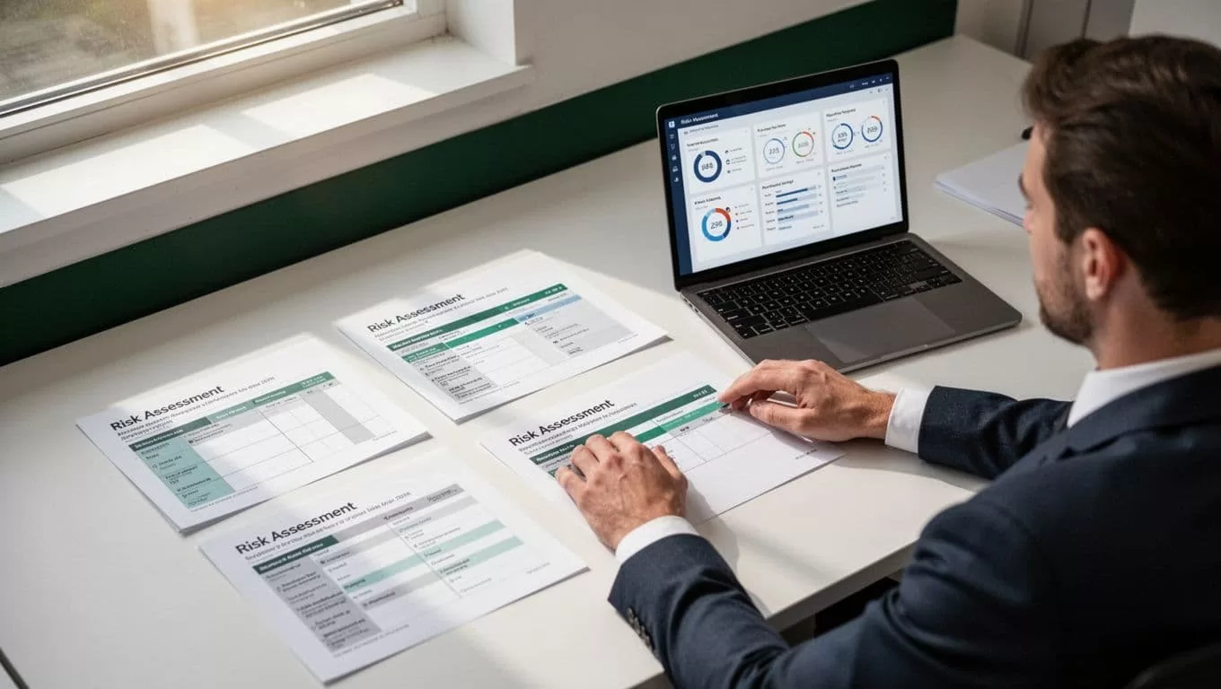 A high-angle view of a desk showing a risk assessment dashboard with a dark green headline band.