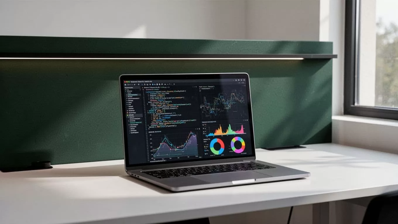 A tech workspace with a laptop displaying code beneath a dark green headline band.