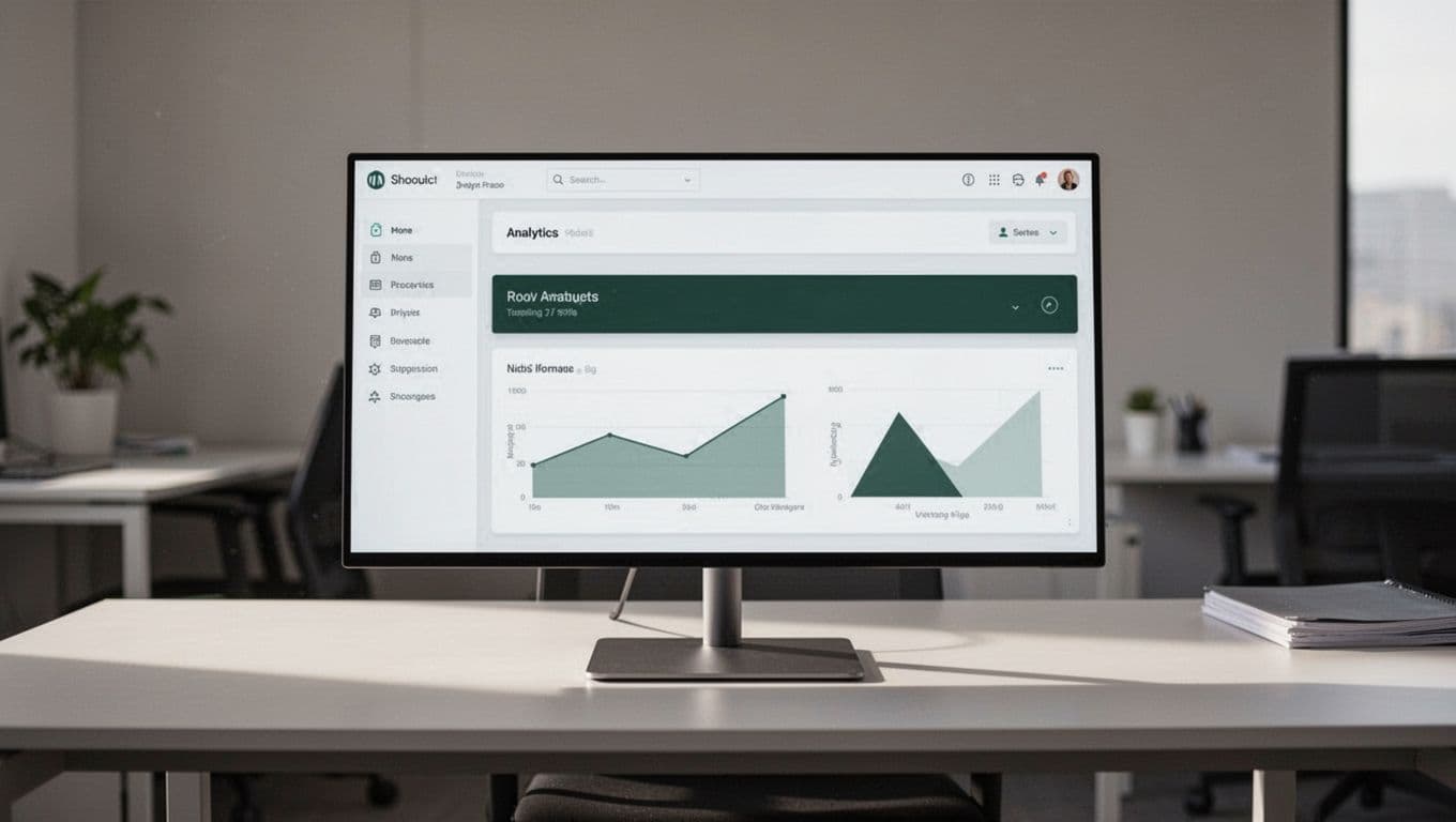 A computer monitor showing a SaaS analytics dashboard with a dark green header on a clean desk.