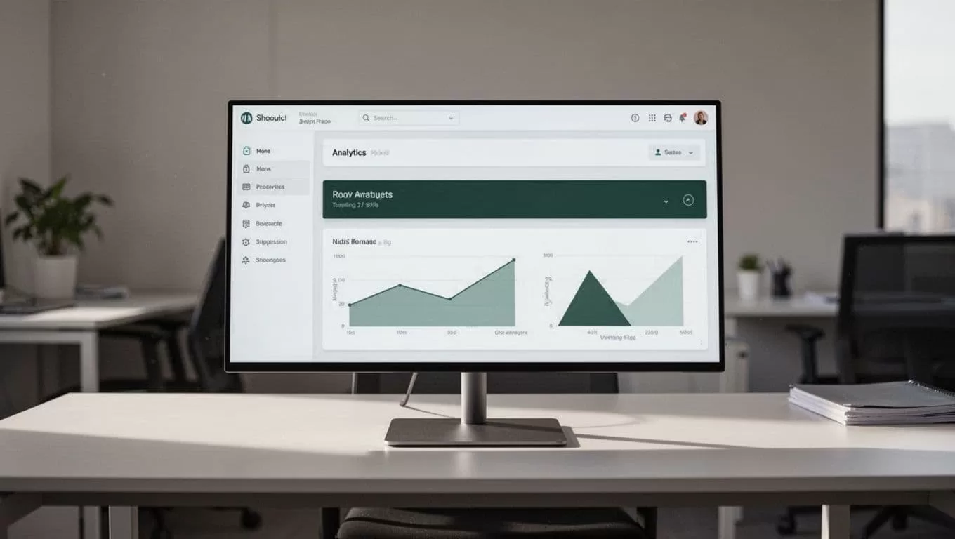 A computer monitor showing a SaaS analytics dashboard with a dark green header on a clean desk.