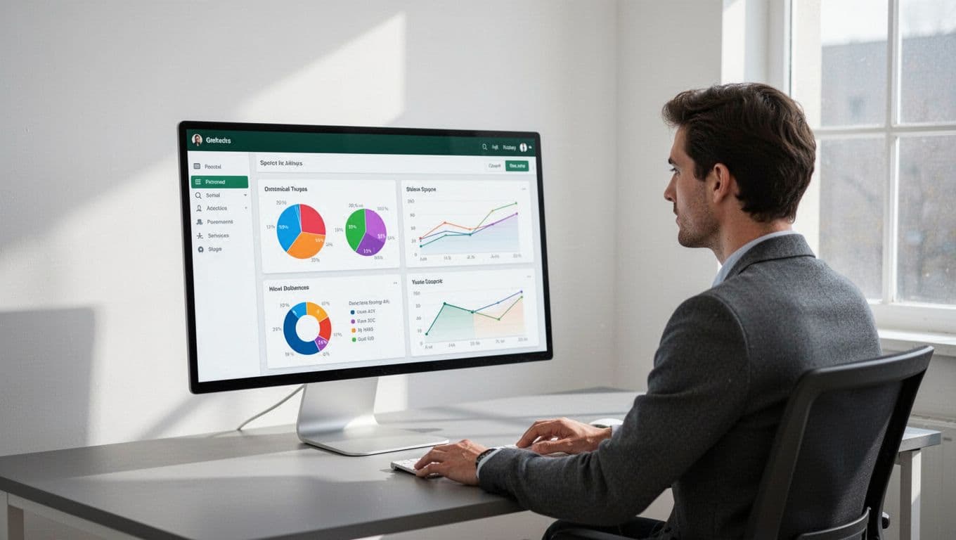 A computer monitor displaying a SaaS analytics dashboard in a bright minimal office.