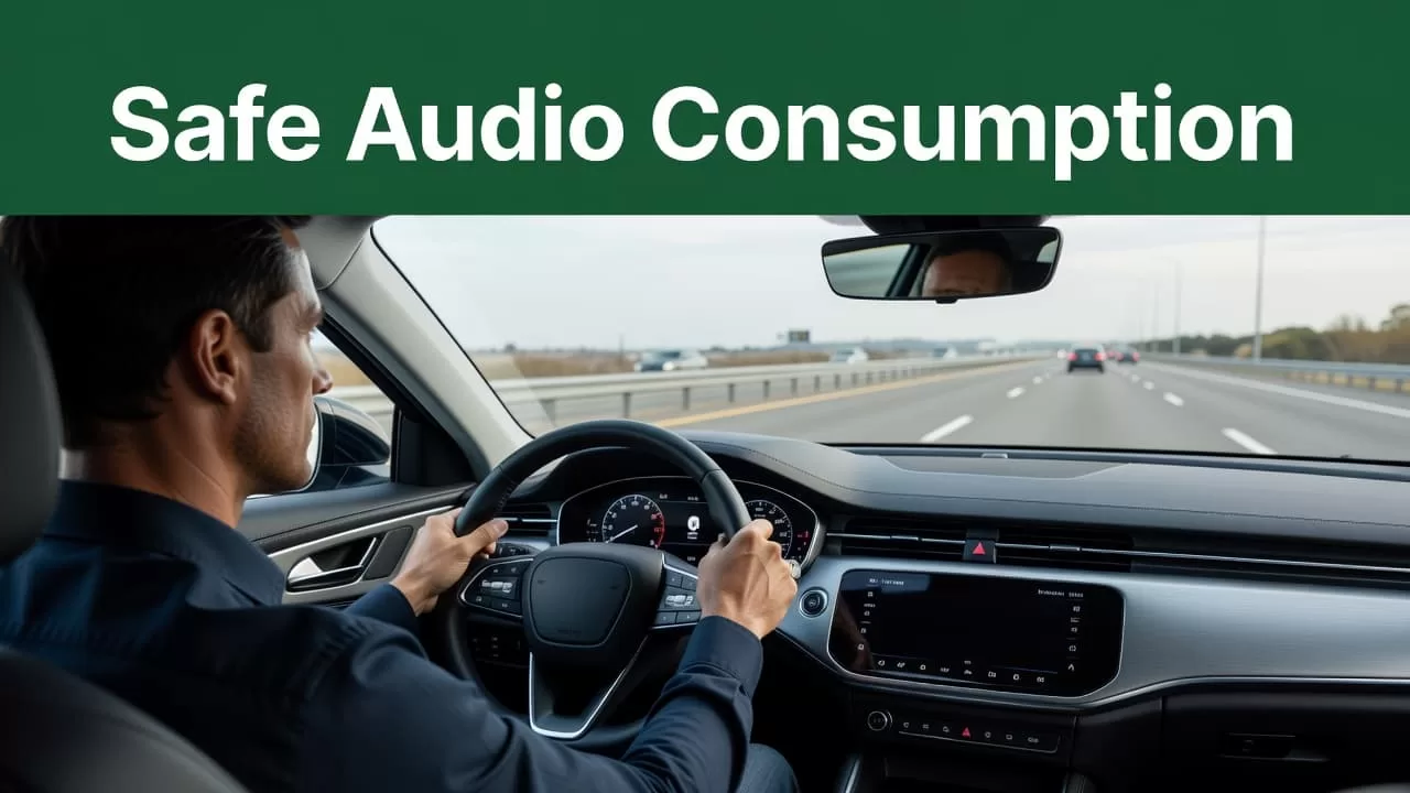 A driver keeps their hands on the wheel while focusing on the road in a modern vehicle interior.