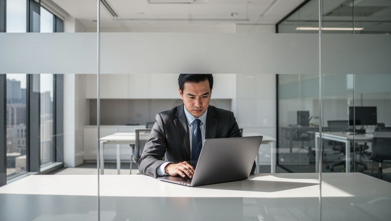 A focused professional types on a sleek laptop within a minimalist white office. A bold horizontal banner at the top features white text against a clean, professional design background layout.