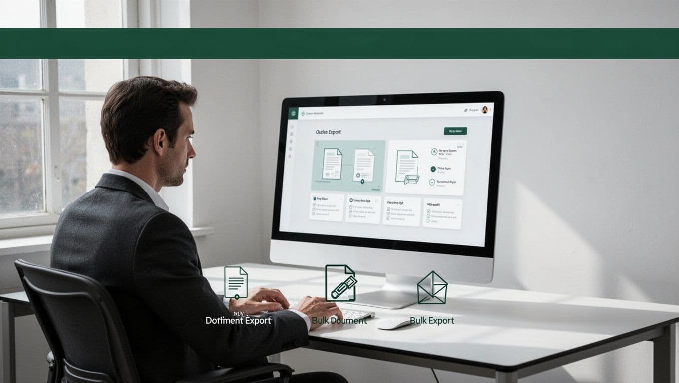 A minimal software interface with a dark green headline band and document export icons.