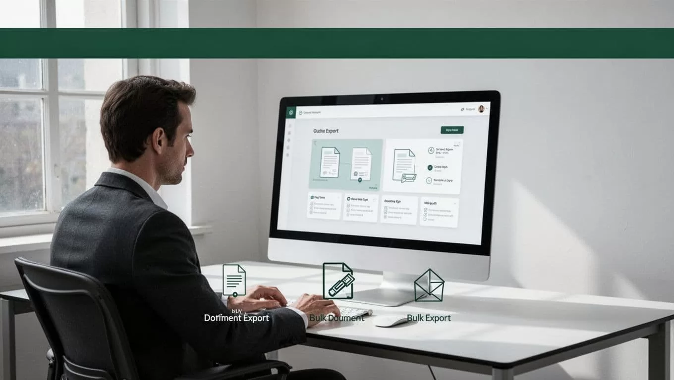 A minimal software interface with a dark green headline band and document export icons.