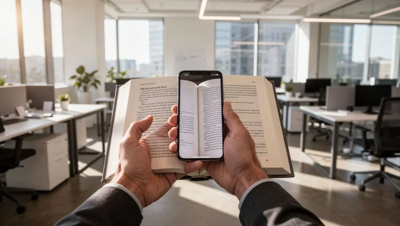 Close up of a person using a mobile phone to scan text from an open book at a workspace.