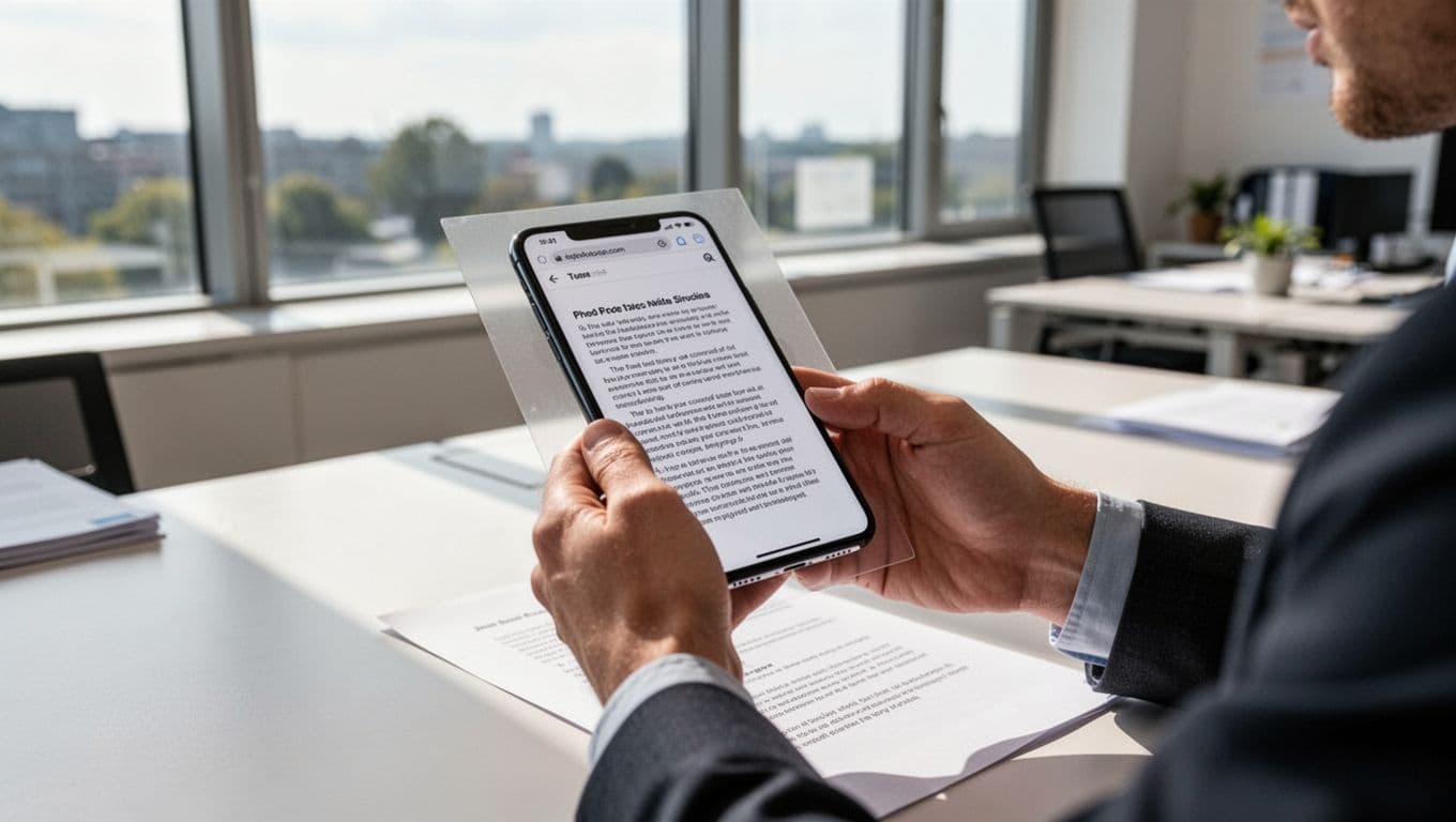 A person uses their phone to scan a document for speech conversion in a bright office.