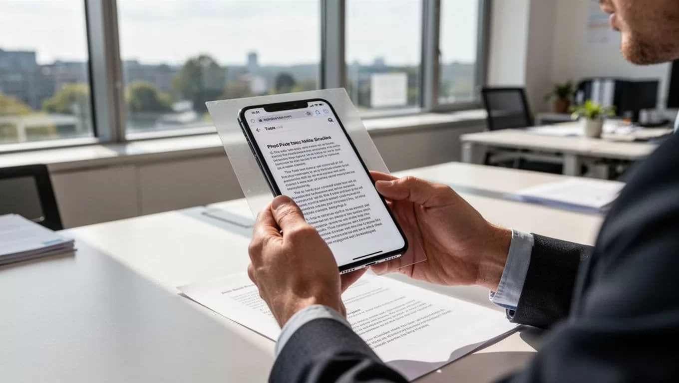 A person uses their phone to scan a document for speech conversion in a bright office.