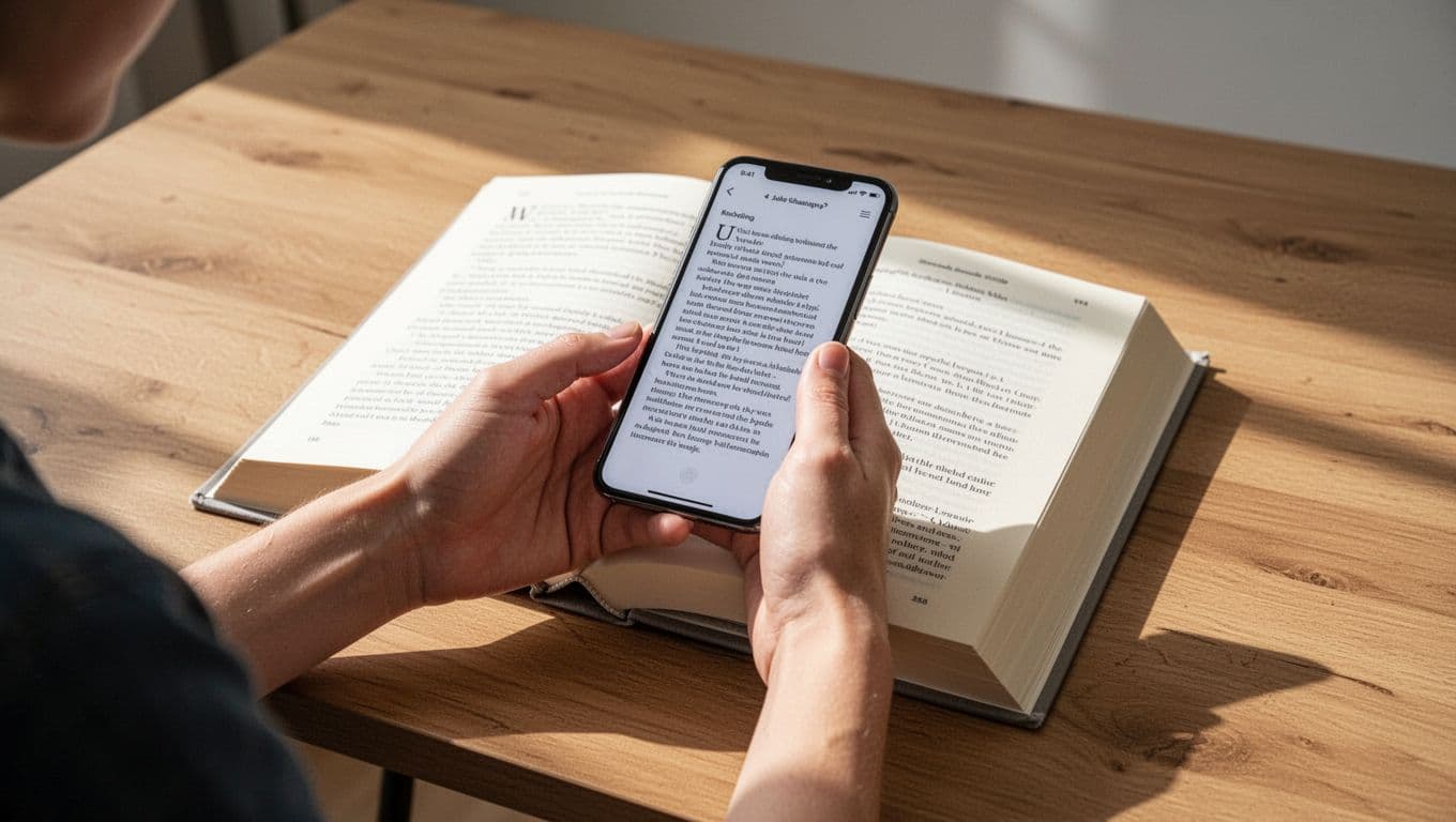 A hand uses a phone camera to capture text from an open book on a wooden desk.