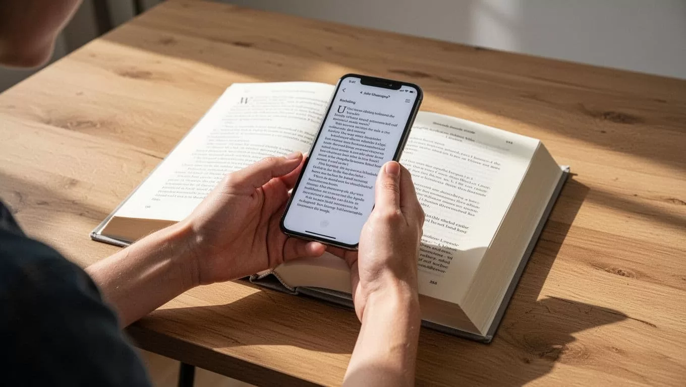A hand uses a phone camera to capture text from an open book on a wooden desk.