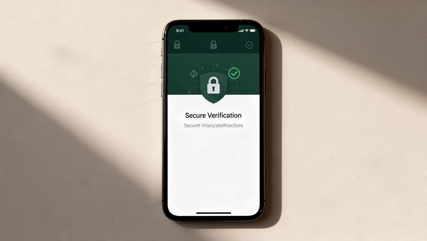 A smartphone shows an Account Security verification screen with a dark-green header.