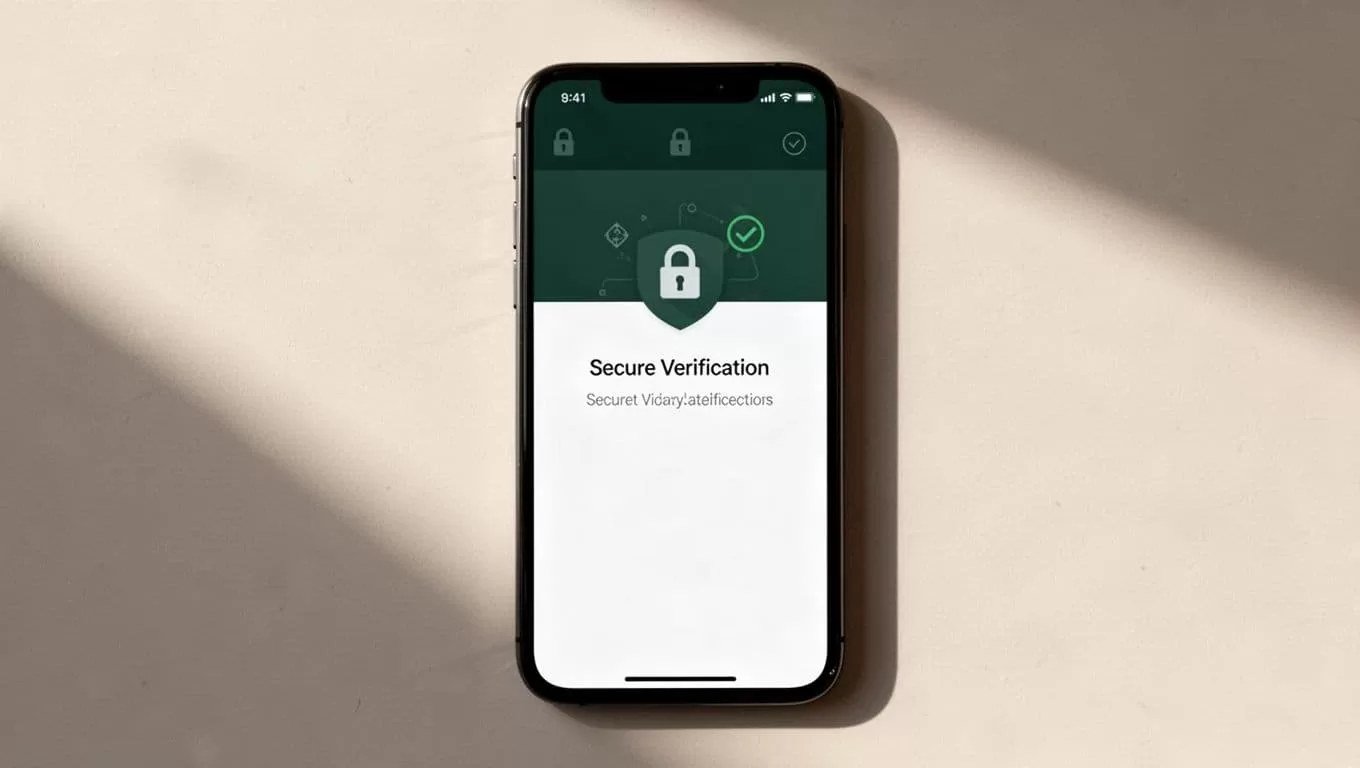 A smartphone shows an Account Security verification screen with a dark-green header.