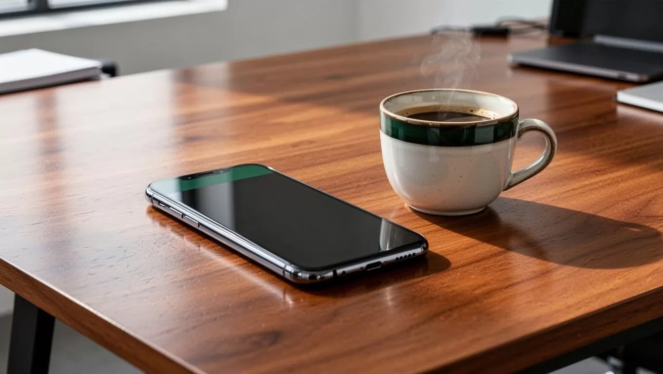 A smartphone and coffee cup rest on a wooden desk beneath a bold green headline band.