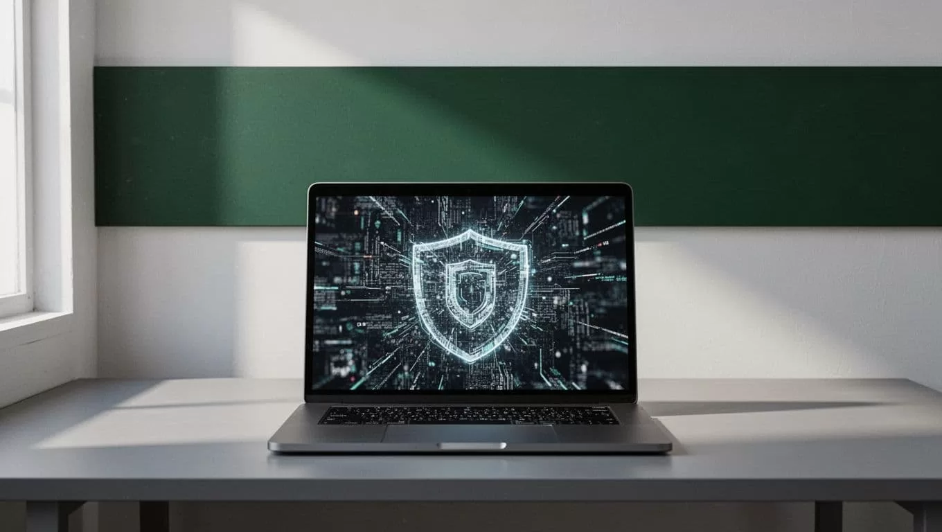 A laptop on a minimalist desk beneath a dark-green band labeled Secure Processing.