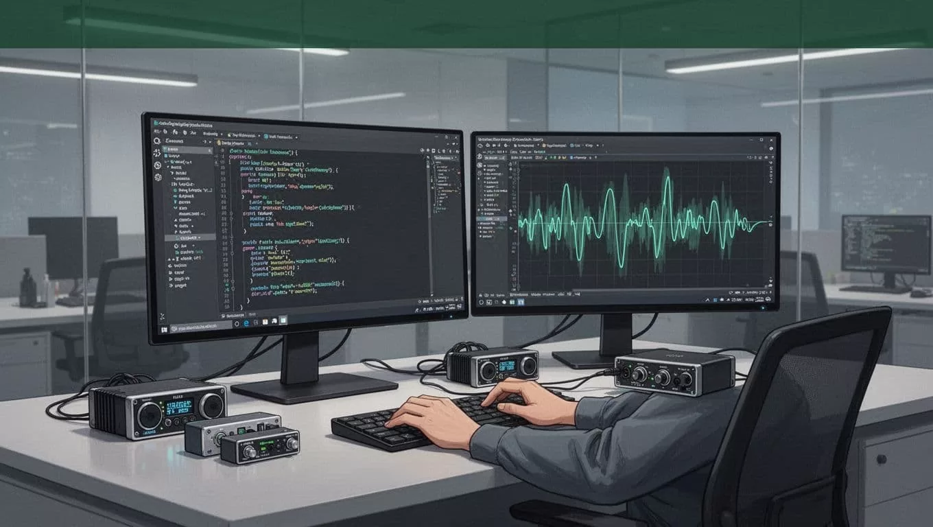 An editorial illustration of a developer workstation featuring a code editor and sound wave visualization.