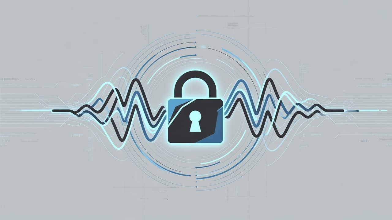 A stylized golden lock icon sits at the center, layered over rhythmic blue sound waves that pulse outward. The clean graphic design uses a professional palette against a soft neutral backdrop.