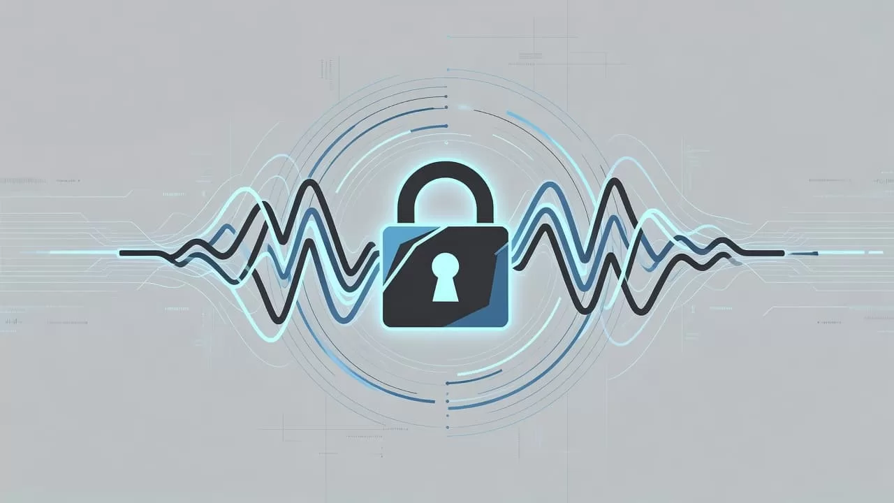 A stylized golden lock icon sits at the center, layered over rhythmic blue sound waves that pulse outward. The clean graphic design uses a professional palette against a soft neutral backdrop.