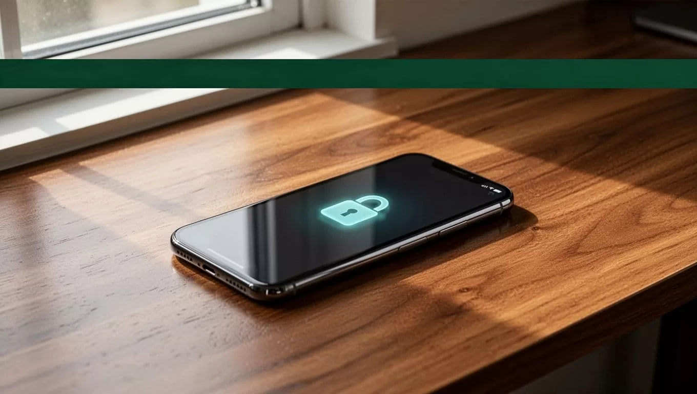 A smartphone showing a secure transfer interface on a wooden desk.