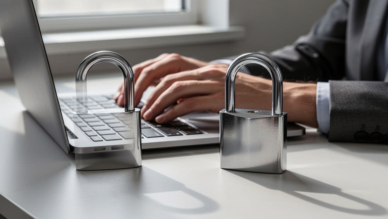 A digital padlock beside a laptop keyboard under a green STAY SECURE banner.