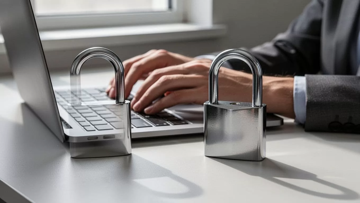 A digital padlock beside a laptop keyboard under a green STAY SECURE banner.