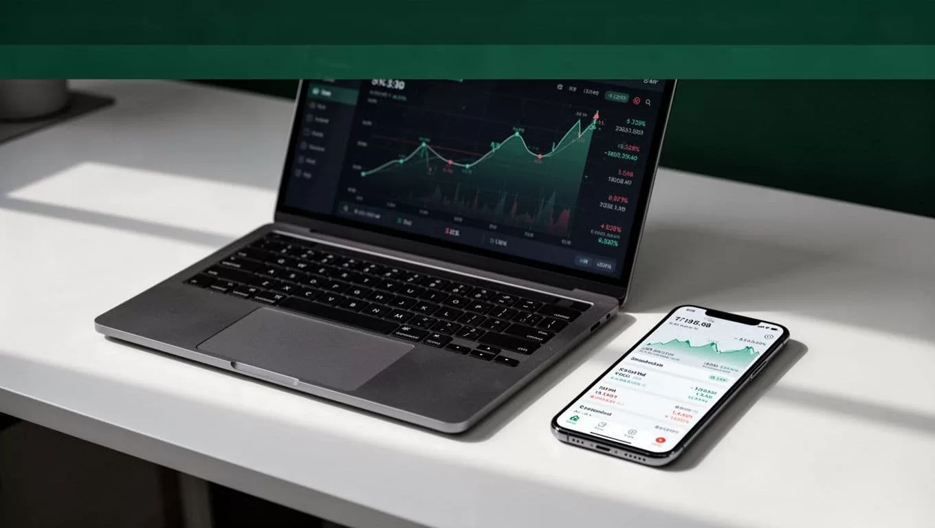 A smartphone showing a secure financial app sits on a minimalist desk with a dark green accent band.