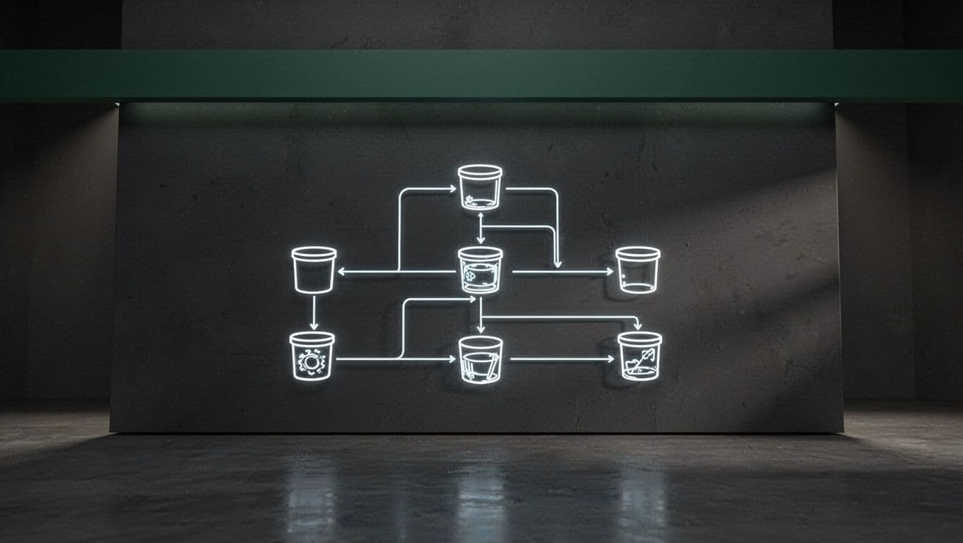 A digital workflow automation diagram on a dark surface with a dark-green accent band.