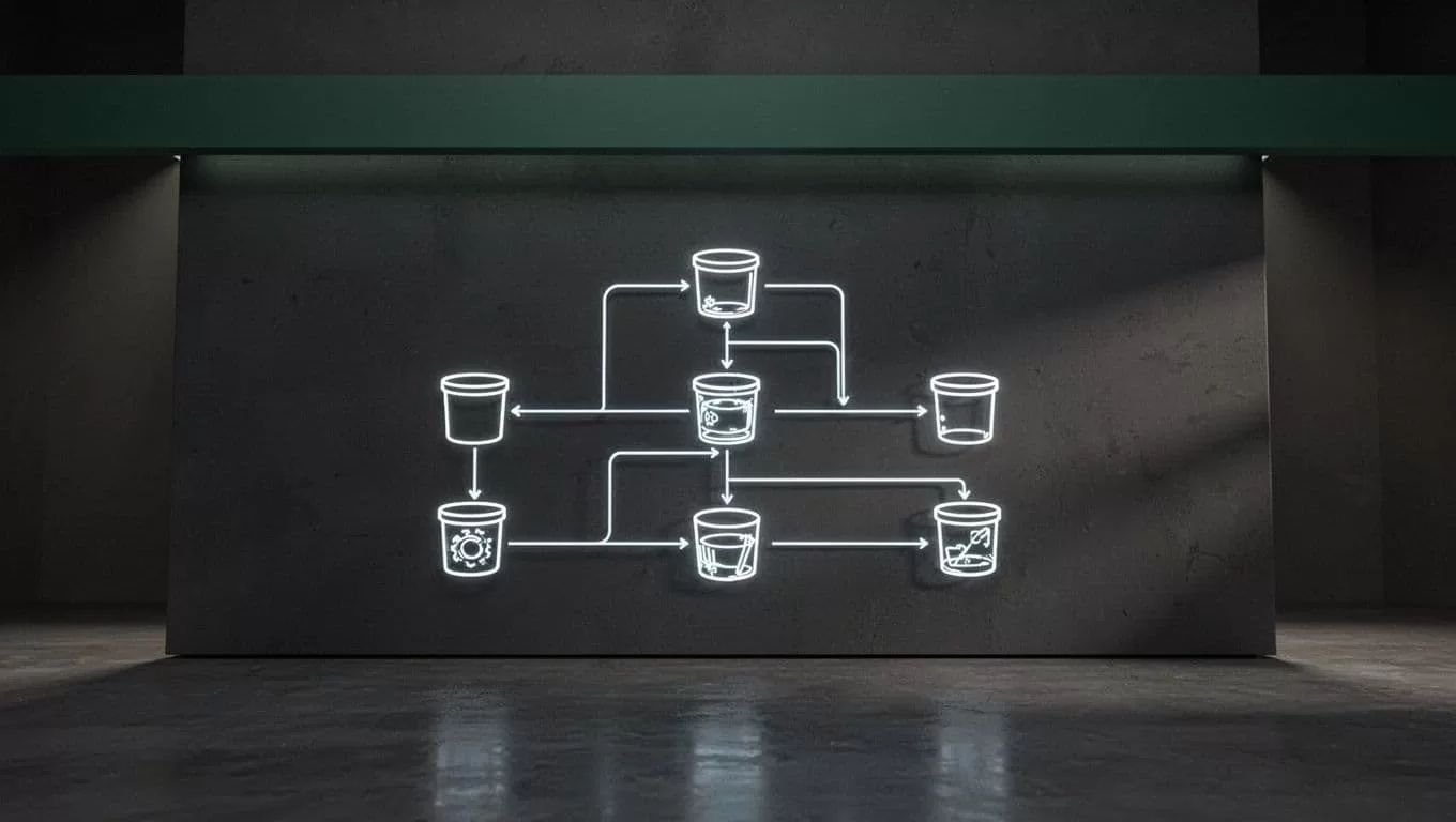A digital workflow automation diagram on a dark surface with a dark-green accent band.