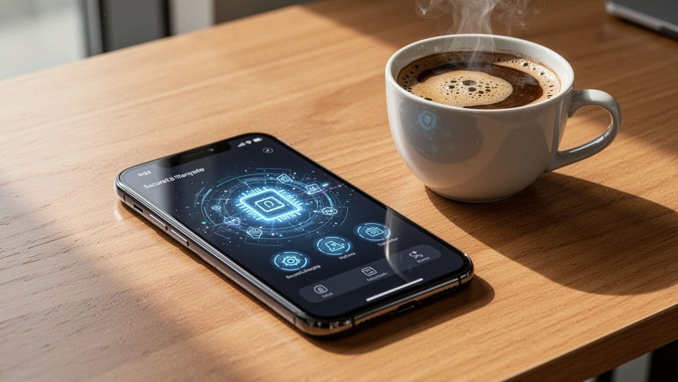 A smartphone with a financial transfer app on screen resting on a wooden desk with coffee.