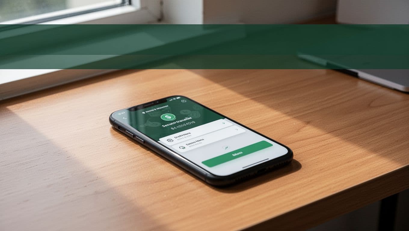 A smartphone sits on a wooden desk below a dark green headline banner.
