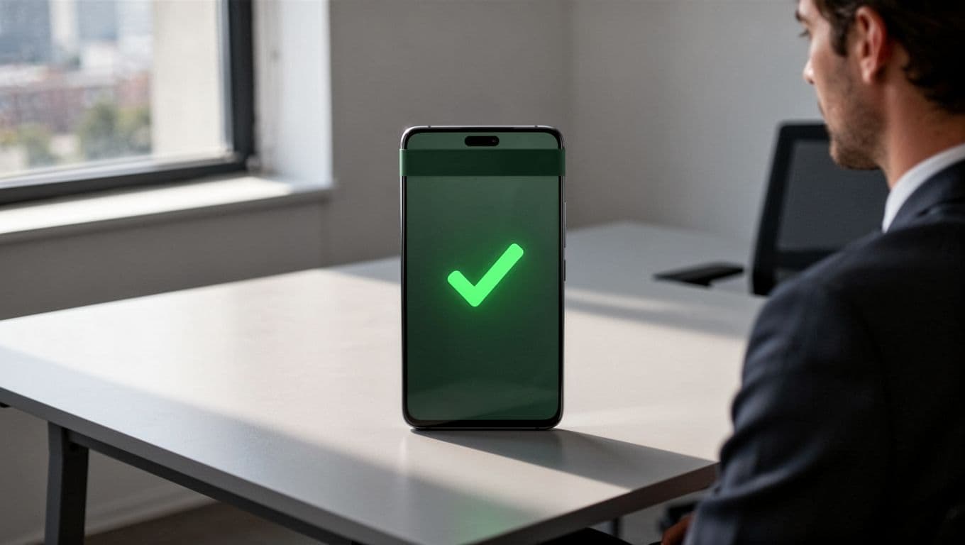 A smartphone with a secure checkmark on a modern office desk.