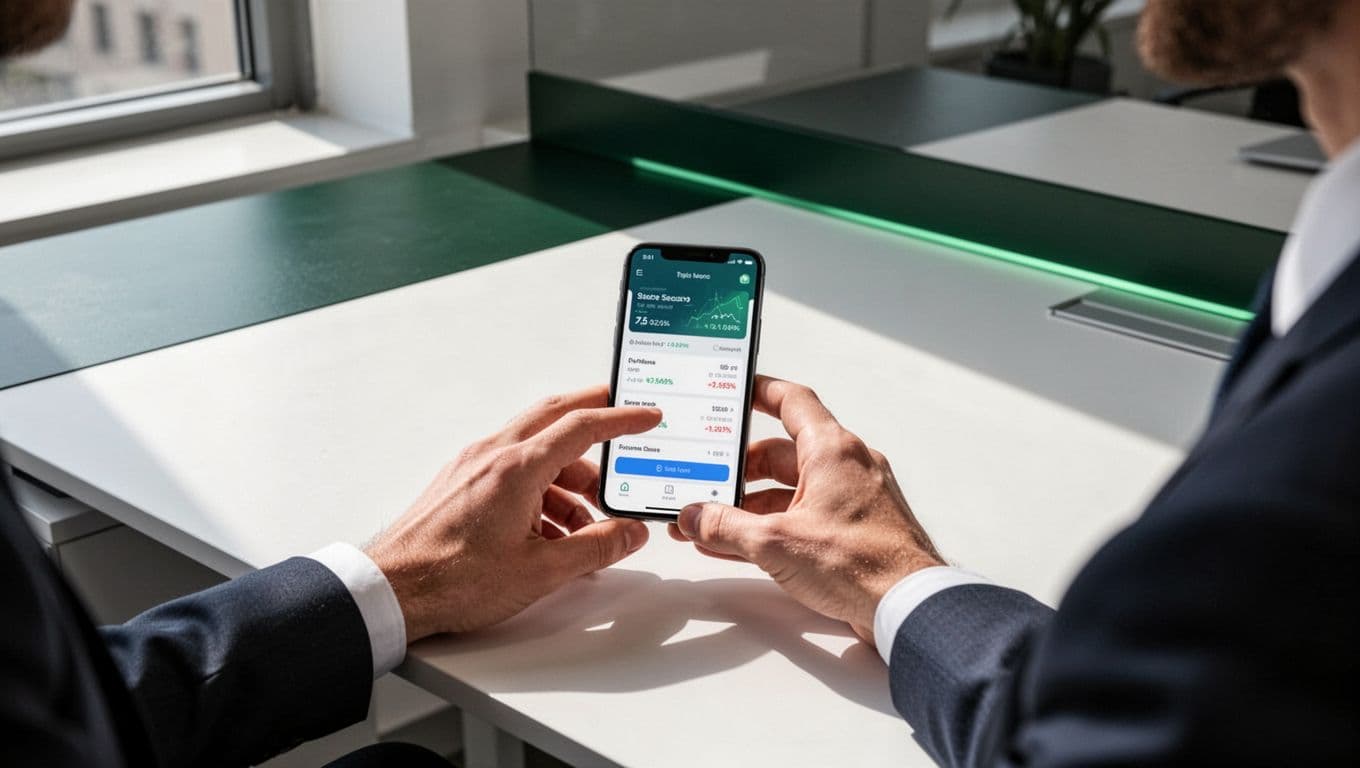 A smartphone on a clean desk displays a secure financial app with a bold green banner.