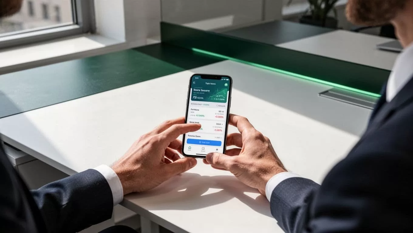 A smartphone on a clean desk displays a secure financial app with a bold green banner.