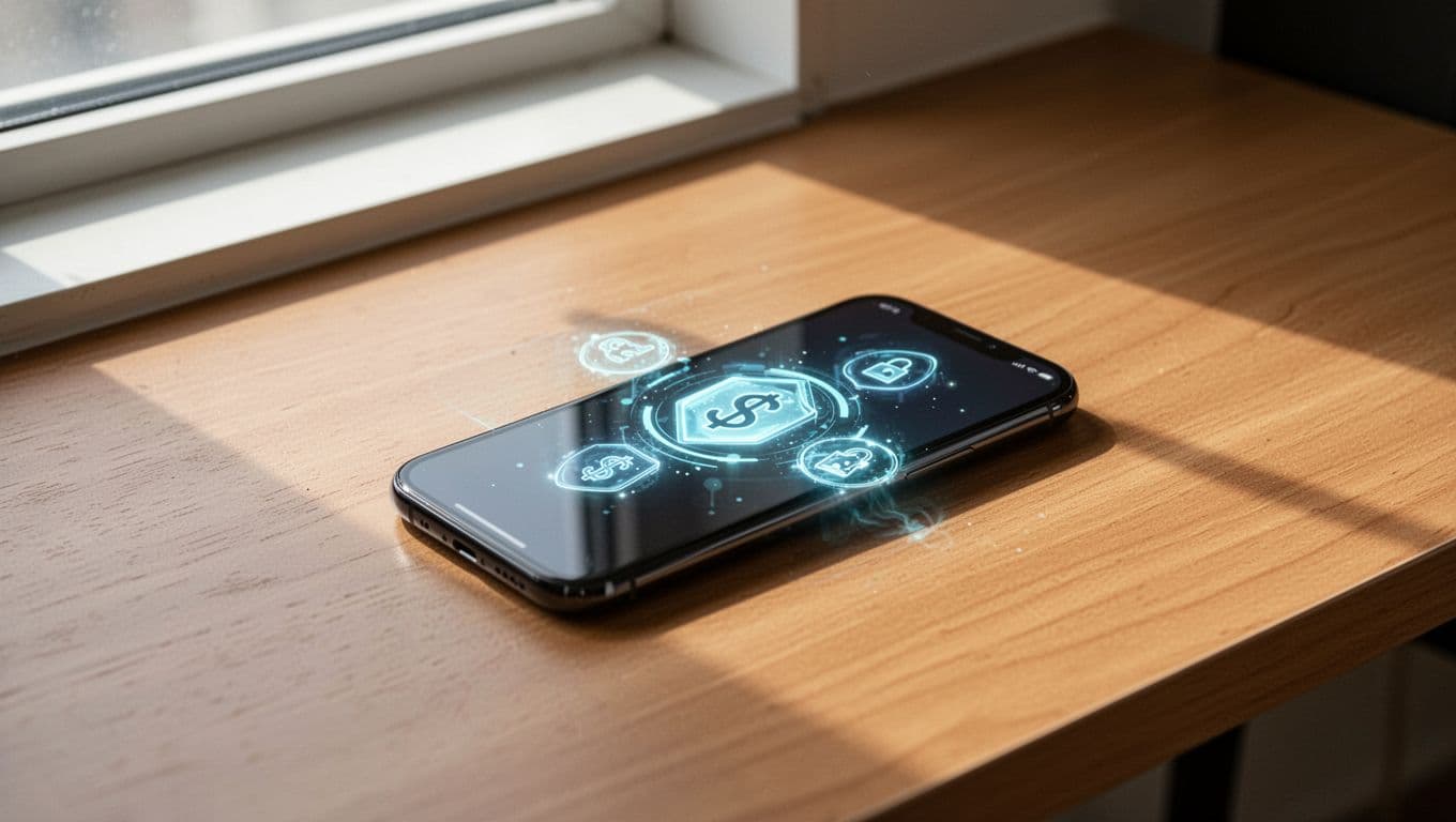 A smartphone showing a money transfer app on a clean wooden desk.