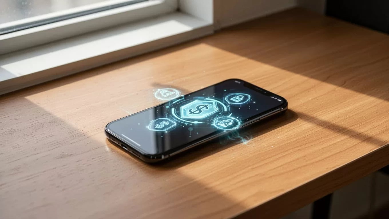 A smartphone showing a money transfer app on a clean wooden desk.