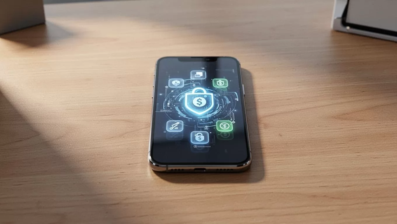 A modern smartphone on a wooden desk showing a money transfer app.