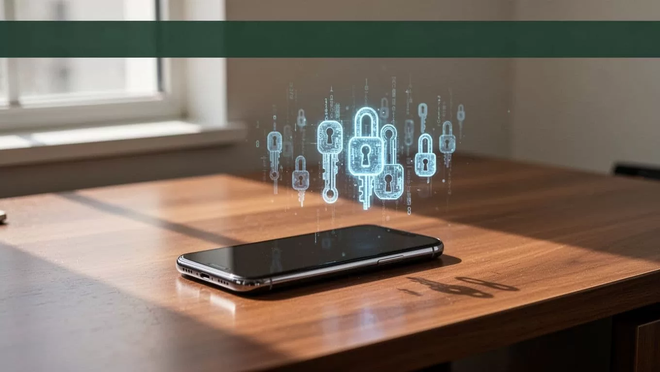A dark green headline banner and digital encryption keys next to a smartphone on a wooden desk.