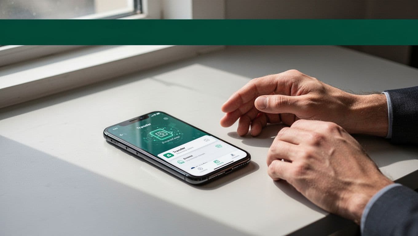 Hands resting on a minimalist desk next to a smartphone displaying a money transfer app.