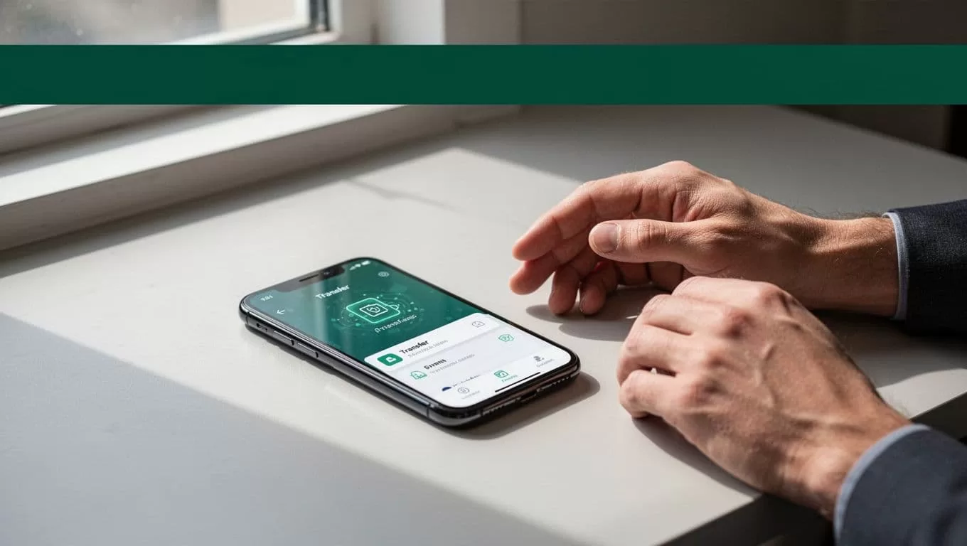 Hands resting on a minimalist desk next to a smartphone displaying a money transfer app.