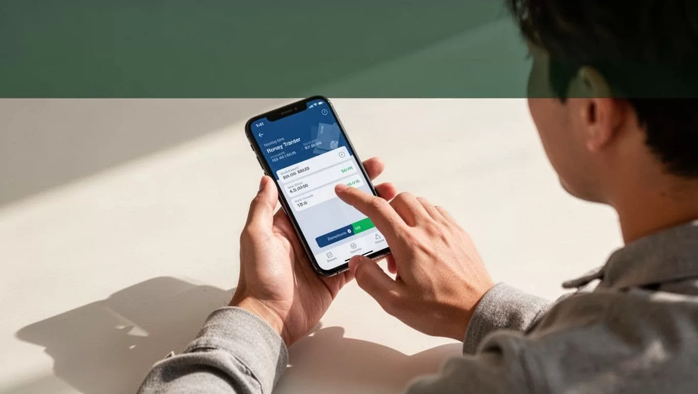 An isometric graphic of a mobile phone processing a secure money transfer.
