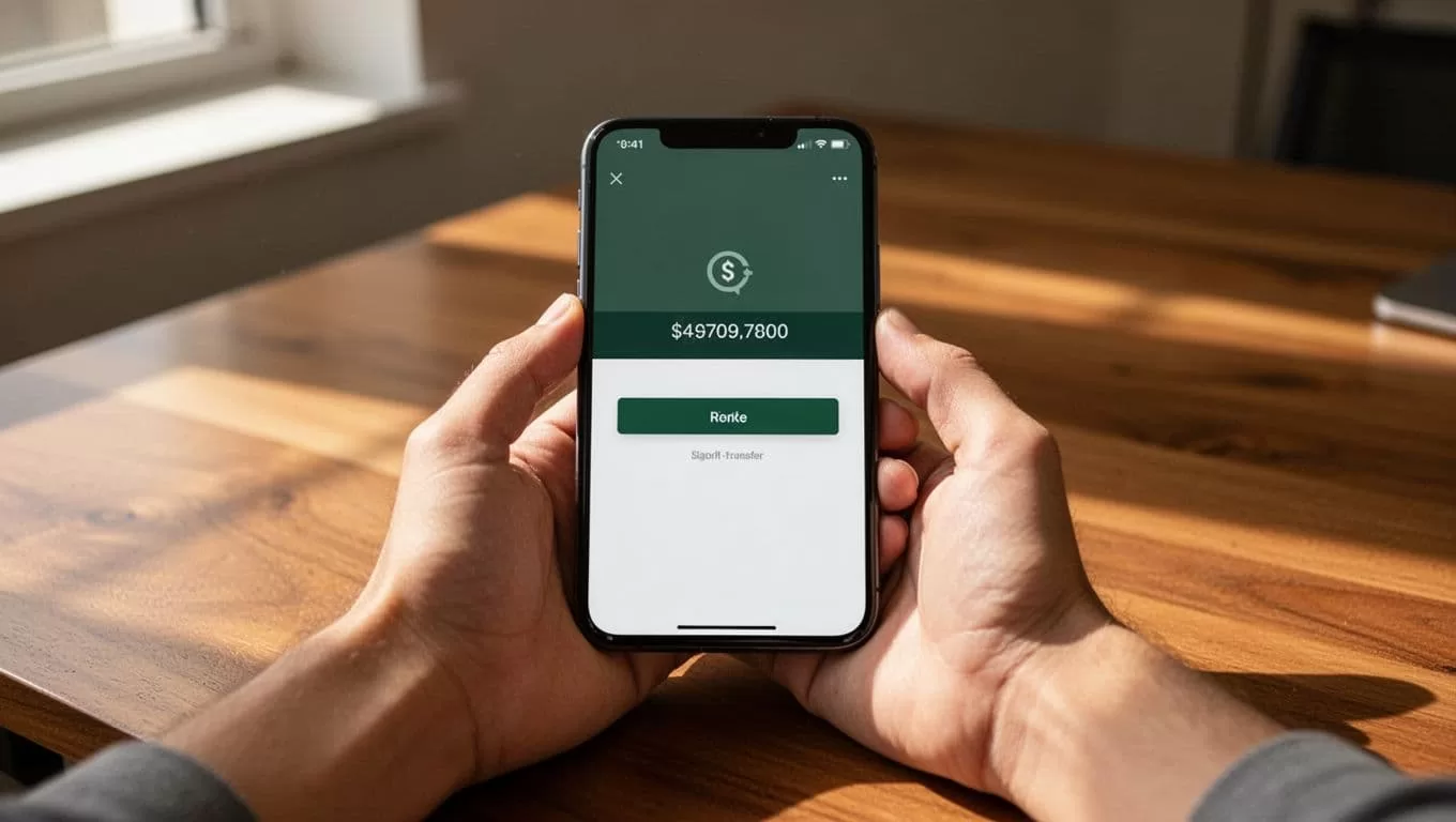 A smartphone shows a money transfer confirmation on a wooden desk beside one person's hand.