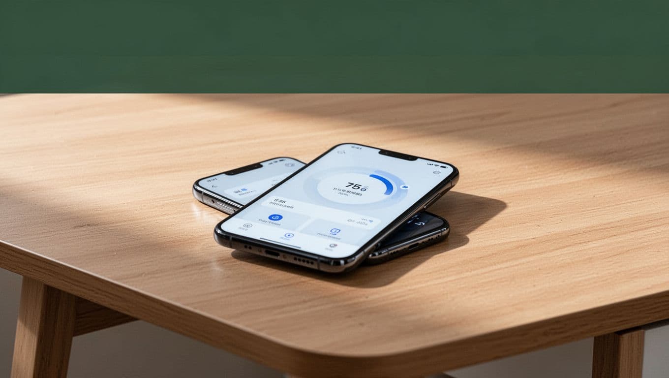 A smartphone with a digital dashboard on a minimalist wooden desk under soft lighting.