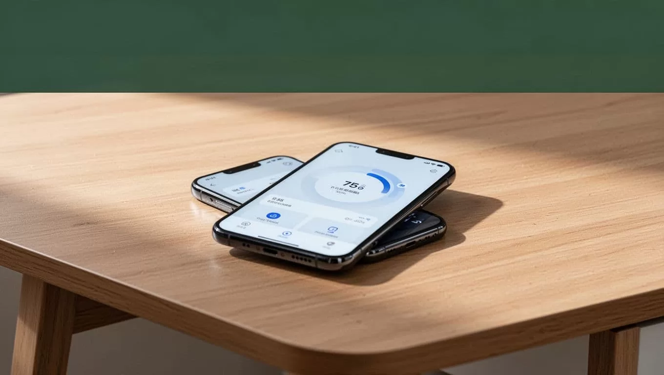 A smartphone with a digital dashboard on a minimalist wooden desk under soft lighting.
