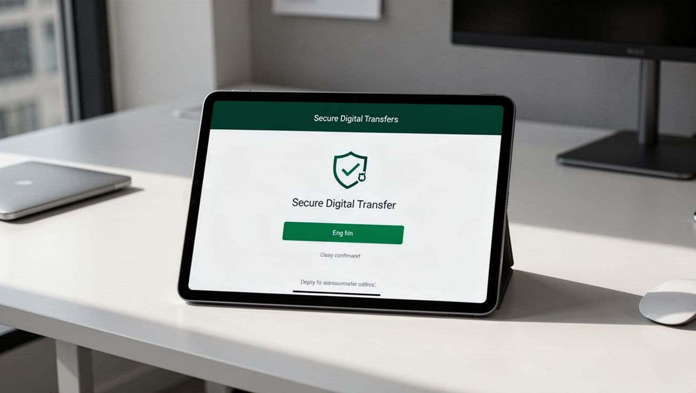 Tablet showing a secure payout confirmation on a clean office desk.