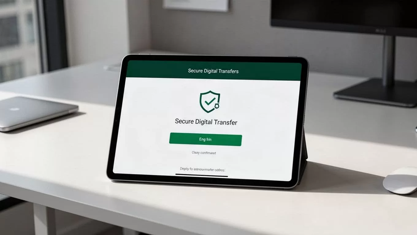Tablet showing a secure payout confirmation on a clean office desk.