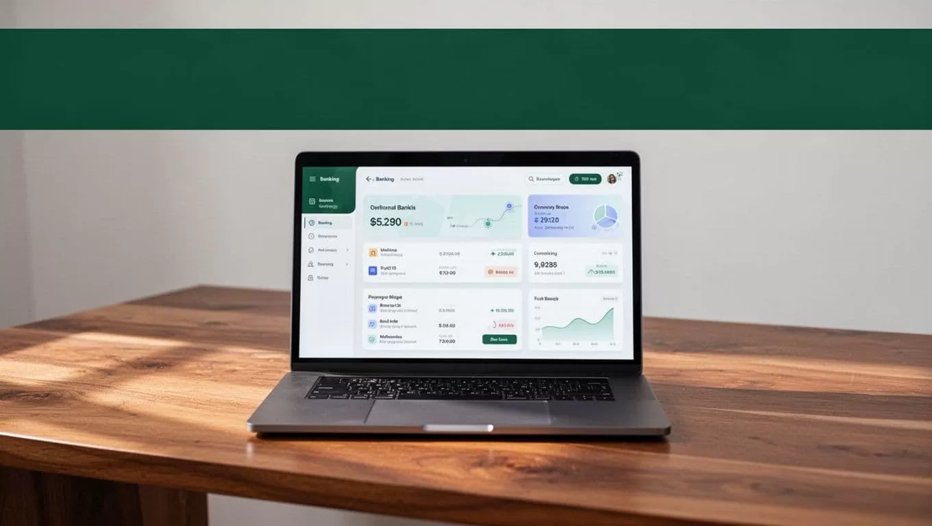 Digital banking dashboard beneath a dark-green Secure Transfers banner on a wooden desk.