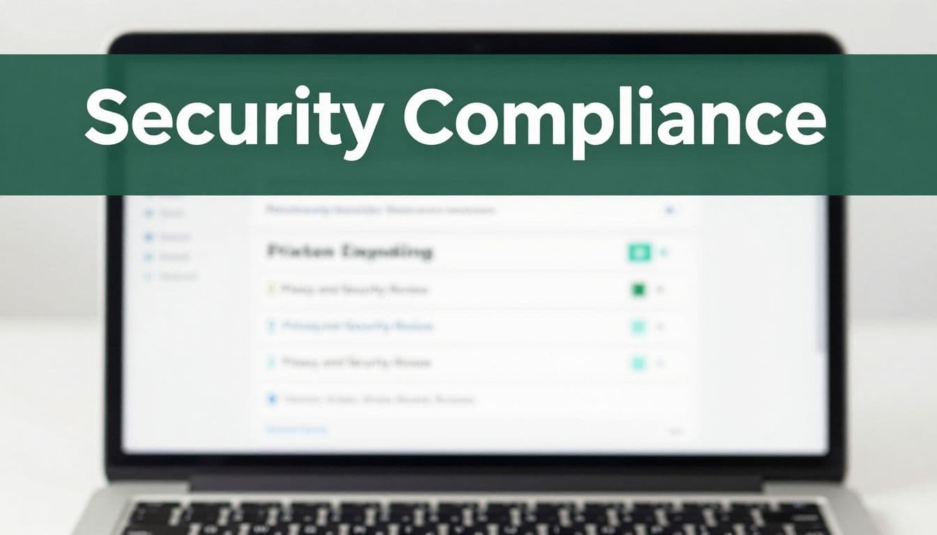 A sleek laptop screen displays a detailed security compliance dashboard with technical data. The monitor sits on a minimalist white desk, framed by a prominent dark green horizontal branding header.