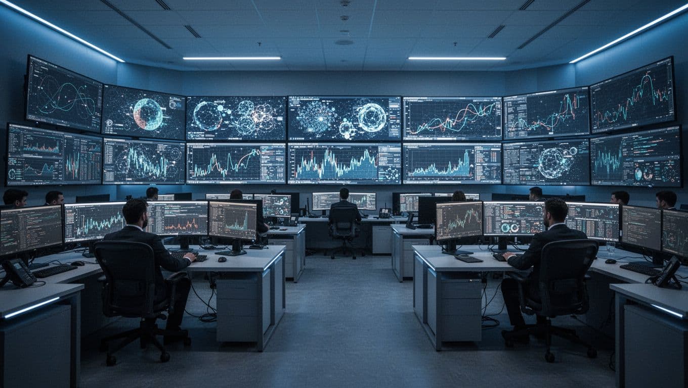 Large illuminated displays show security metrics and threat maps in a dark operations center.